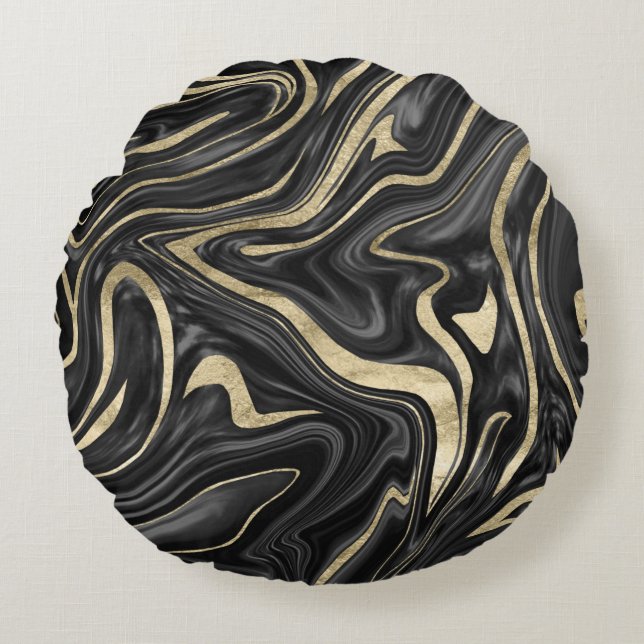 Black Grey White Gold Marble #1 Round Cushion (Front)