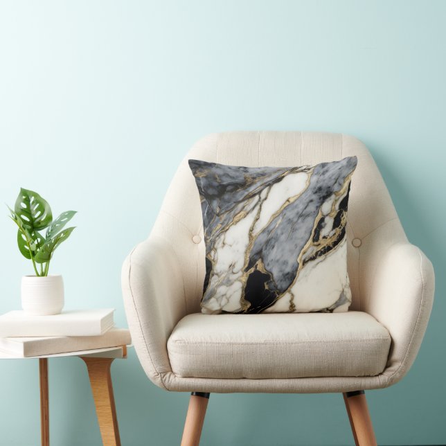Black Grey White Gold Marble Swirl Abstract  Cushion (Chair)