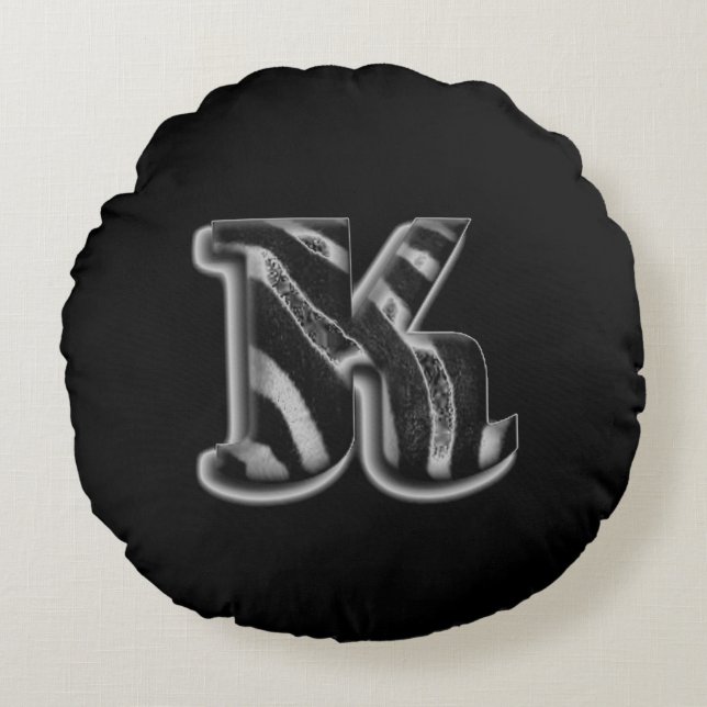 Black Grey White Monogram K Round Pillow (Front)