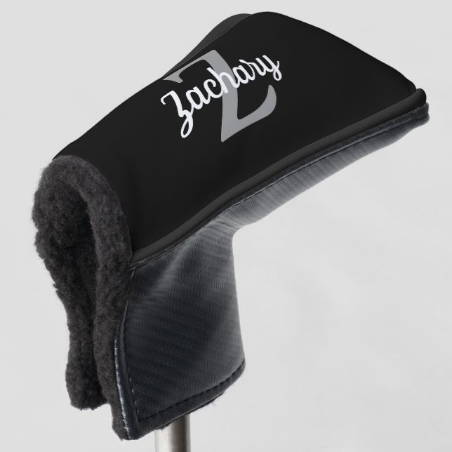 Black Grey White Monogram Personalised Golf Head Cover (3/4 Front)