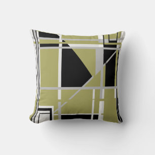Black Grey White on Light Olive Abstract Labyrinth Cushion