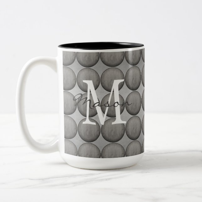 Black, Grey, & White Polka Dot Monogram Two-Tone Coffee Mug (Left)