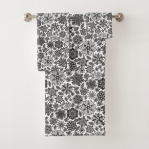 Black Grey White Retro Floral Art Seamless Pattern Bath Towel Set