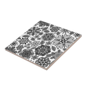 Black Grey White Retro Floral Art Seamless Pattern Ceramic Tile