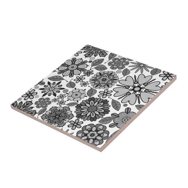Black Grey White Retro Floral Art Seamless Pattern Ceramic Tile (Side)
