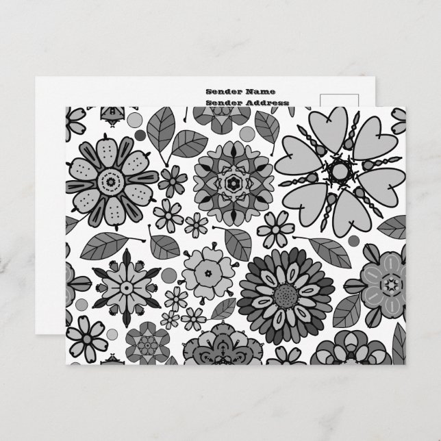 Black Grey White Retro Floral Art Seamless Pattern Postcard (Front/Back)