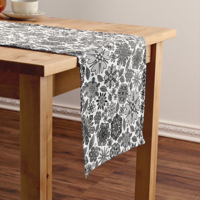 Black Grey White Retro Floral Art Seamless Pattern Short Table Runner (In Situ)