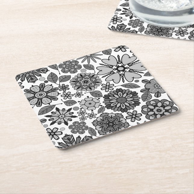 Black Grey White Retro Floral Art Seamless Pattern Square Paper Coaster (Angled)