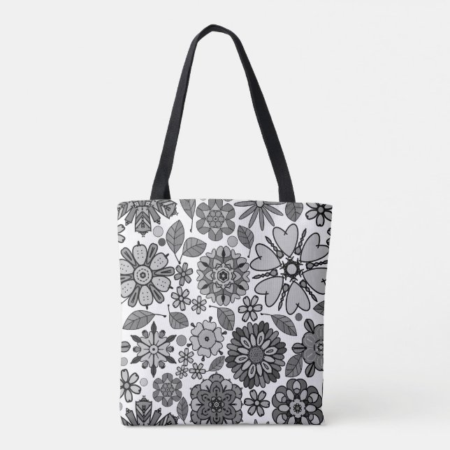 Black Grey White Retro Floral Art Seamless Pattern Tote Bag (Back)