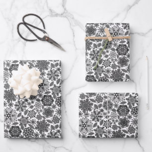 Black Grey White Retro Floral Art Seamless Pattern Wrapping Paper Sheet