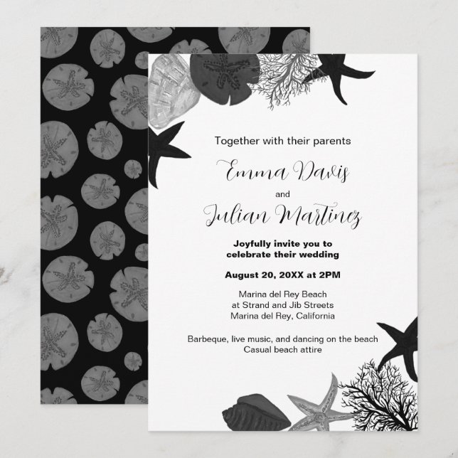 Black-grey-white seashell casual wedding  invitation (Front/Back)