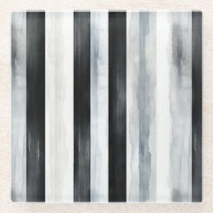 Black Grey White Stripes Glass Coaster