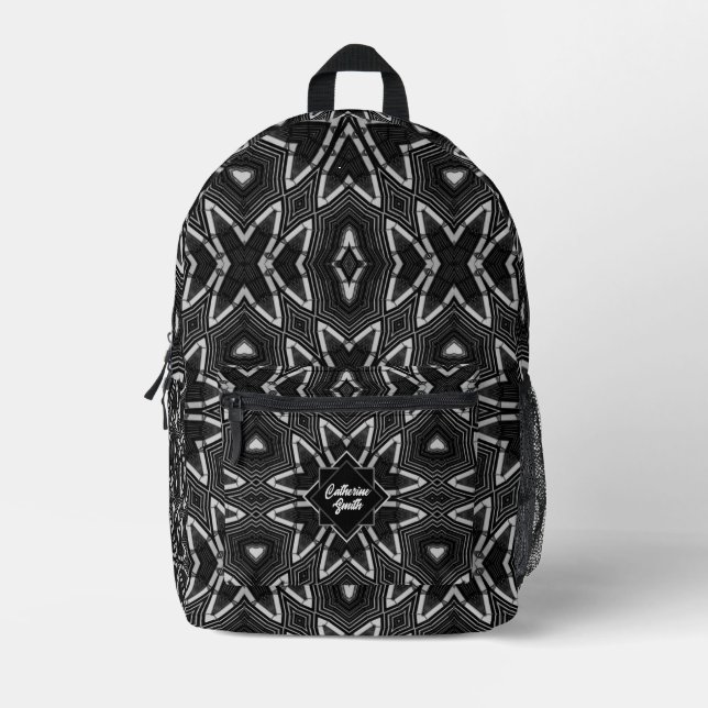 Black Grey White Tribal Flower Pattern Printed Backpack (Front)