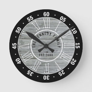 Black Grey Wood Farmhouse Family  Name 60 Minutes Round Clock