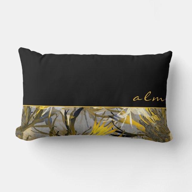 Black Grey & Yellow Artistic Floral | Monogram Lumbar Cushion (Front)