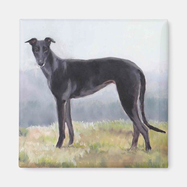 Black Greyhound Standing Dog Art Magnet (Front)