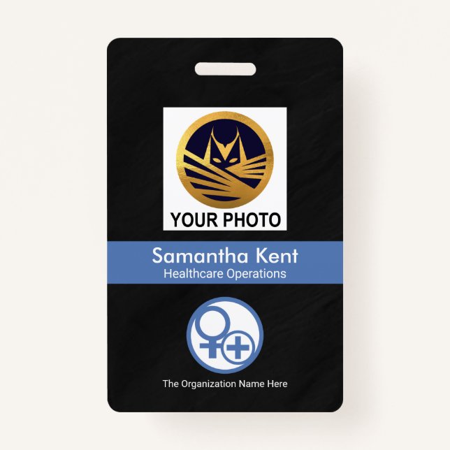 Black Grunge Blue Stripe Photo Template Medical ID Badge (Front)
