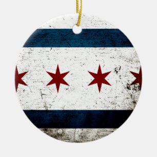 Black Grunge Chicago Flag Ceramic Tree Decoration