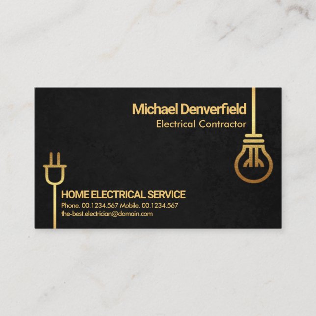Black Grunge Gold Bulb Power Plug Motif Electrical Business Card (Front)