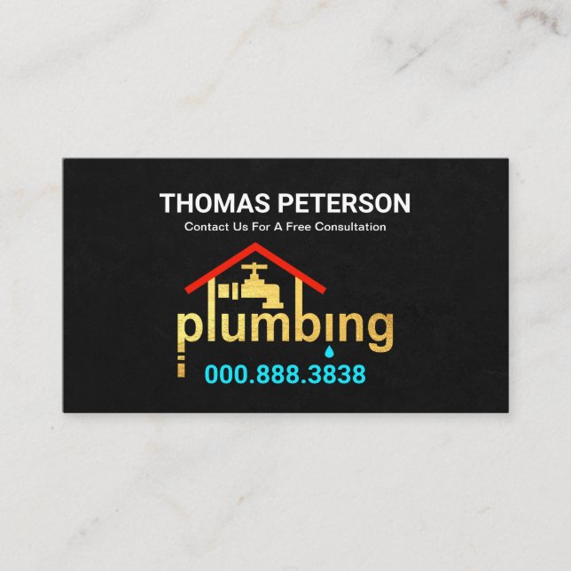 Black Grunge Gold Home Plumbing Business Card (Front)