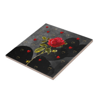 Black Grunge Hearts with Red Rose Ceramic Tile