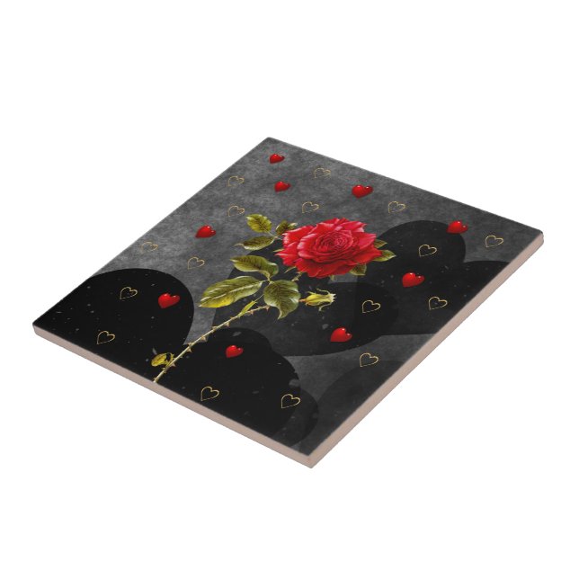 Black Grunge Hearts with Red Rose Ceramic Tile (Side)