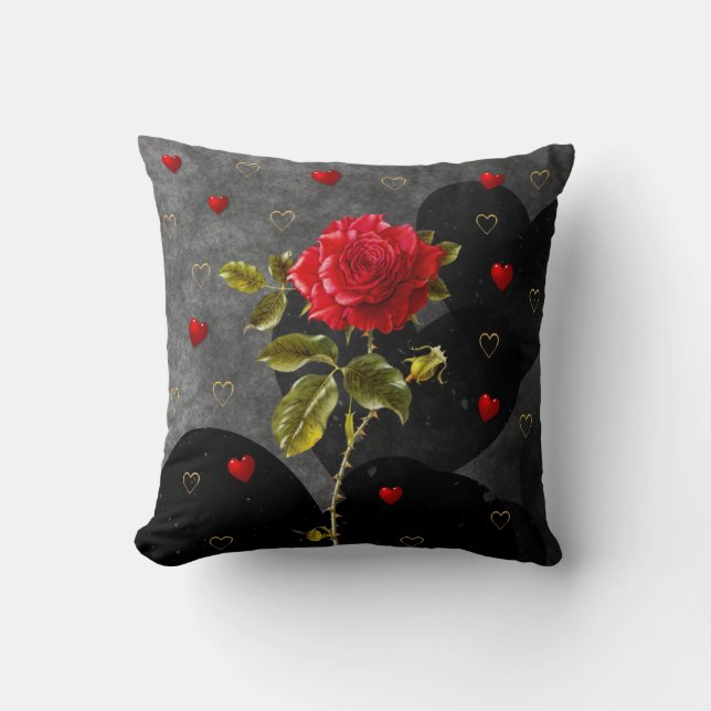 Black Grunge Hearts with Red Rose Cushion (Front)