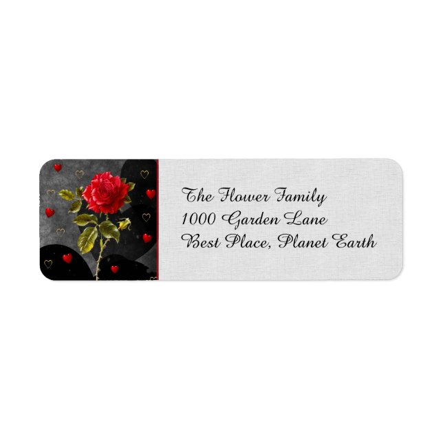 Black Grunge Hearts with Red Rose Return Address Label (Front)