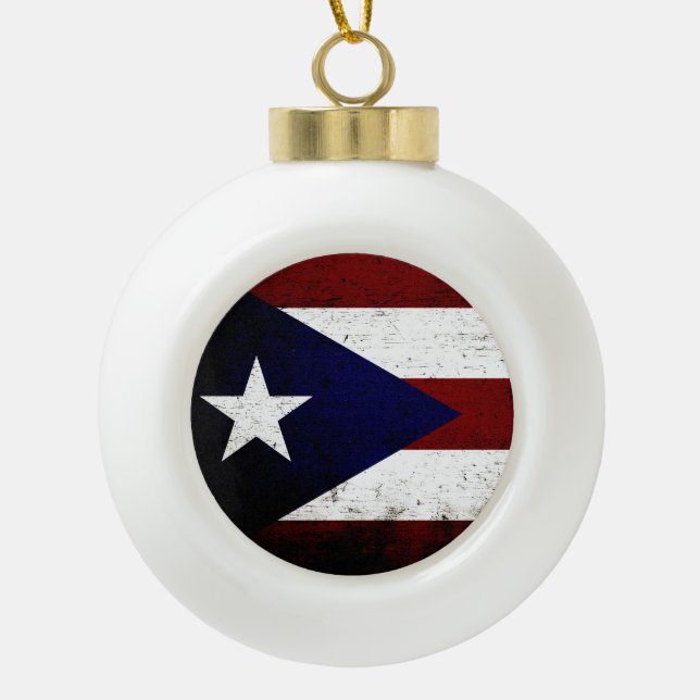 Black Grunge Puerto Rico Flag Ceramic Ball Christmas Ornament (Front)
