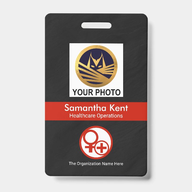 Black Grunge Red Stripe Photo Template Healthcare ID Badge (Front)