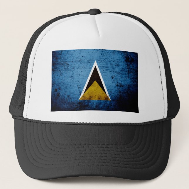 Black Grunge Saint Lucia Flag Trucker Hat (Front)