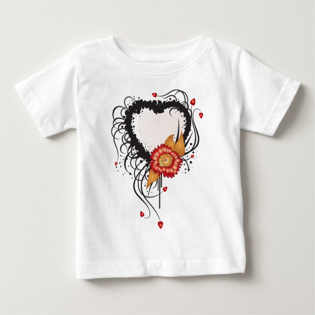 Black Grunge Style Heart and Flower Baby T-Shirt (Front)