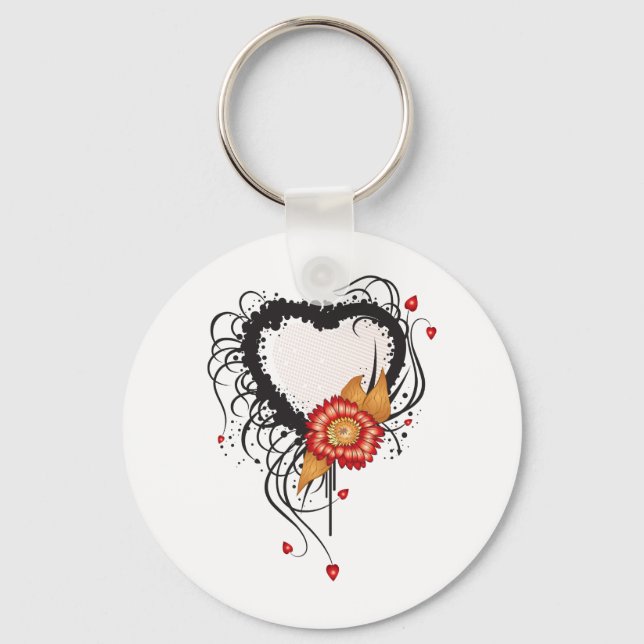 Black Grunge Style Heart and Flower Key Ring (Front)