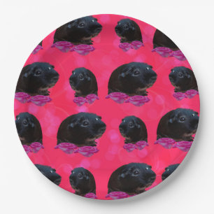Black Guinea Pigs On Pretty Pink Roses Paper Plate