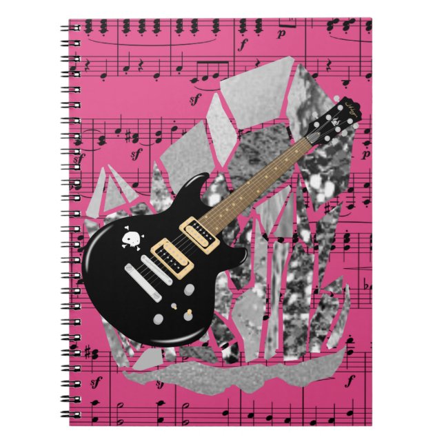 Black Guitar Pink Sheet Music Silver Crystal Notebook (Front)