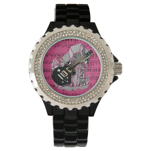 Black Guitar Pink Sheet Music Silver Crystal Watch (Front)