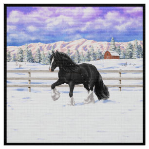 Black Gypsy Vanner Irish Cob Draft Horse In Snow Fabric
