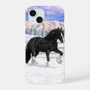 Black Gypsy Vanner Irish Cob Draft Horse In Snow iPhone 15 Case