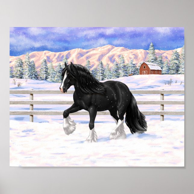 Black Gypsy Vanner Irish Cob Draft Horse In Snow Poster (Front)