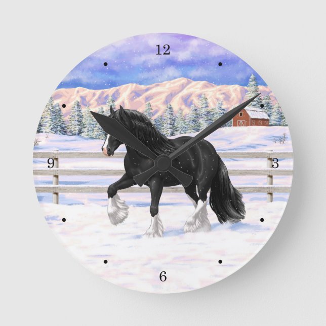 Black Gypsy Vanner Irish Cob Draft Horse In Snow Round Clock (Front)