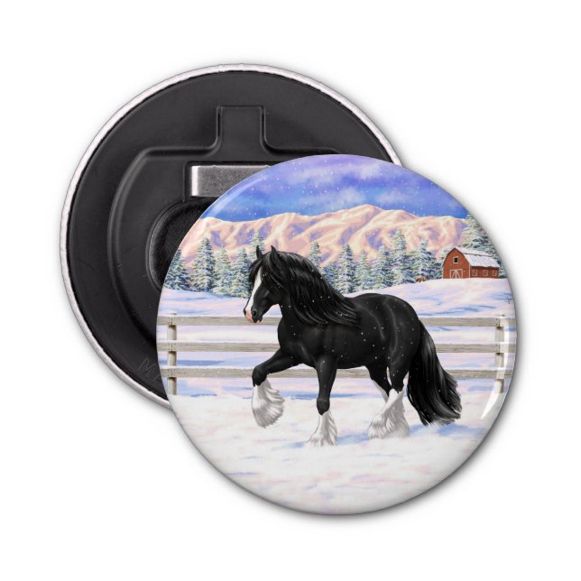 Black Gypsy Vanner Irish Cob Draught Horse In Snow Bottle Opener (Front)