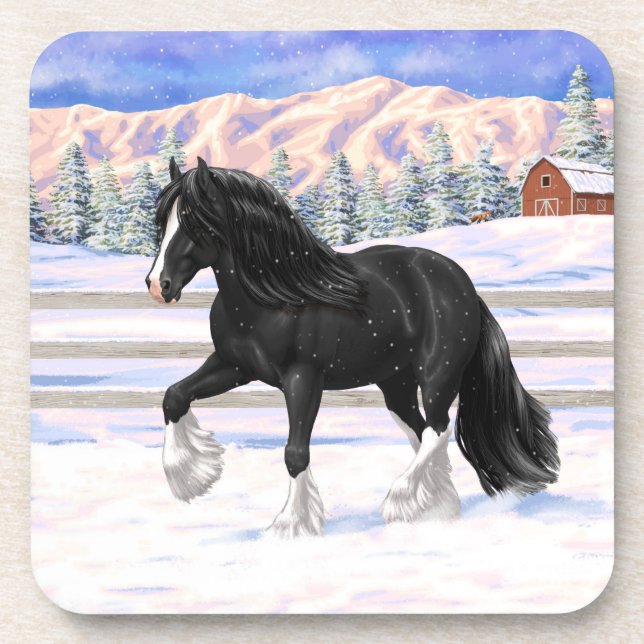 Black Gypsy Vanner Irish Cob Draught Horse In Snow Coaster (Front)