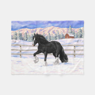 Black Gypsy Vanner Irish Cob Draught Horse In Snow Fleece Blanket