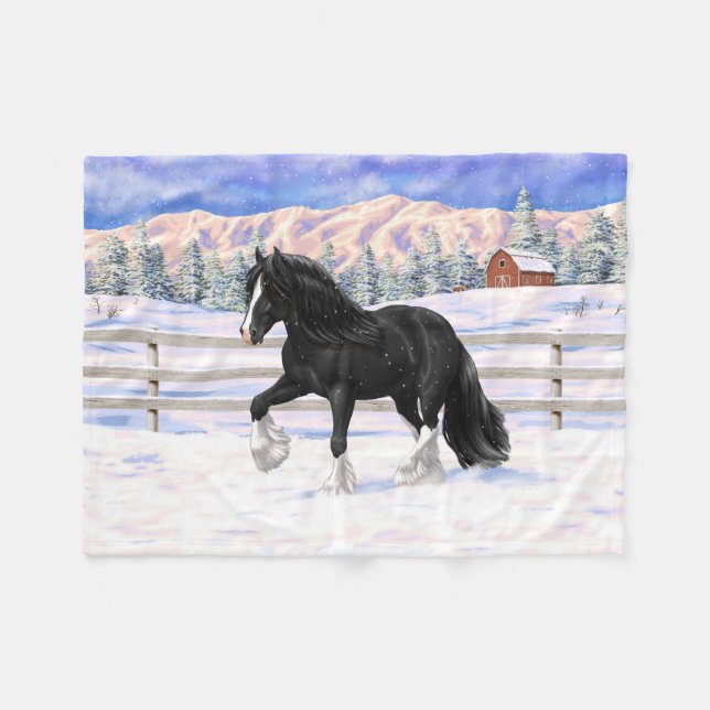 Black Gypsy Vanner Irish Cob Draught Horse In Snow Fleece Blanket (Front (Horizontal))