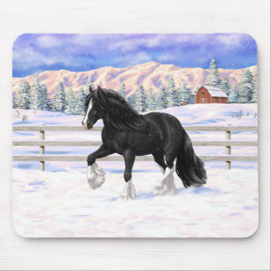 Black Gypsy Vanner Irish Cob Draught Horse In Snow Mouse Pad