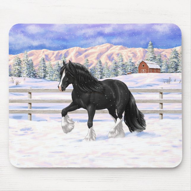 Black Gypsy Vanner Irish Cob Draught Horse In Snow Mouse Pad (Front)