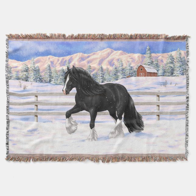 Black Gypsy Vanner Irish Cob Draught Horse In Snow Throw Blanket (Front)