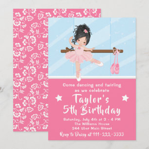 Black Hair Ballerina in Pink Tutu Birthday Invitation