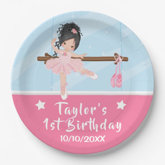 Black Hair Ballerina Pink Tutu Birthday Paper Plat Paper Plate (Front)