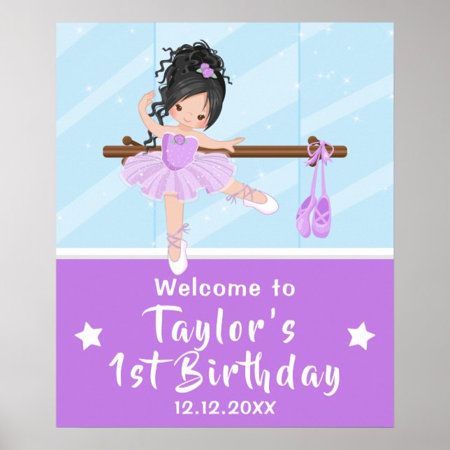 Black Hair Ballerina Purple Tutu Welcome Sign (Front)